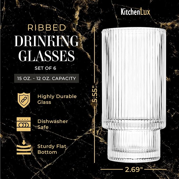 Kitchen Lux Ribbed Glass Cups 12oz Highball Tall Glass | Stackable Ribbed - Image 2