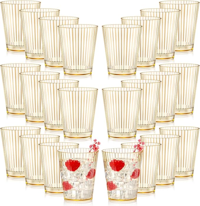 24 PCS Plastic Ribbed Drinking Glasses 10oz Gold Vintage Ripple Stemless Wine by SHIQIKEJIPTY