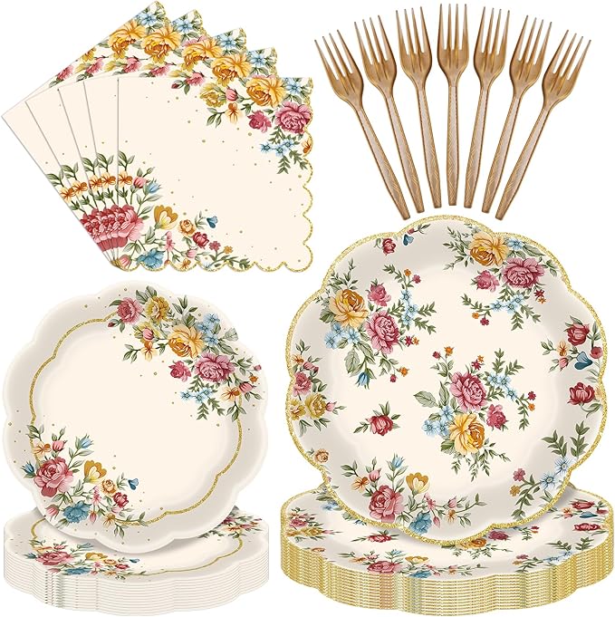 96 Pieces Vintage Floral Tableware Set – Disposable Paper Plates, and Forks by Avikosi