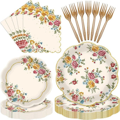 96 Pieces Vintage Floral Tableware Set – Disposable Paper Plates, and Forks by Avikosi