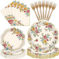96 Pieces Vintage Floral Tableware Set – Disposable Paper Plates, and Forks by Avikosi