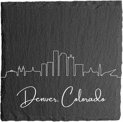 Blue Ridge Mountain Gifts - Denver CO Skyline Coasters, Set of 4 - Denver Colorado Souvenir, Slate Coasters with Minimalist Skyline, Housewarming Gift for Friends, Family, & Neighbors