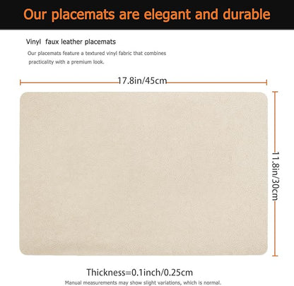 Vinyl Placemats Set of 12 Faux Leather 100% Waterproof Wipeable Washable Place Mats Heat Resistant Easy Clean Non-Slip Table Mats for Indoor Outdoor. (12,Beige)