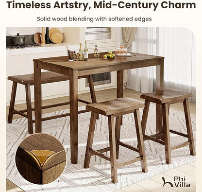 PHI VILLA Kitchen Table with Bench and Chairs, Counter Height Table and Chairs, Solid Wood Small Dining Table Set for 4, High Top Kitchen Table Chairs Set of 4, Rustic Caramel