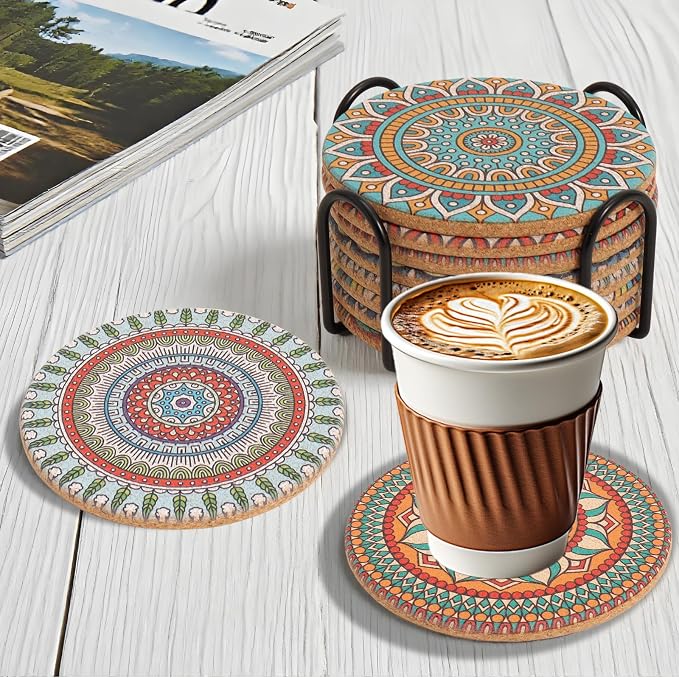 Cork Coasters Set of 8 with Holder, Colorful Cup Coasters - Image 7
