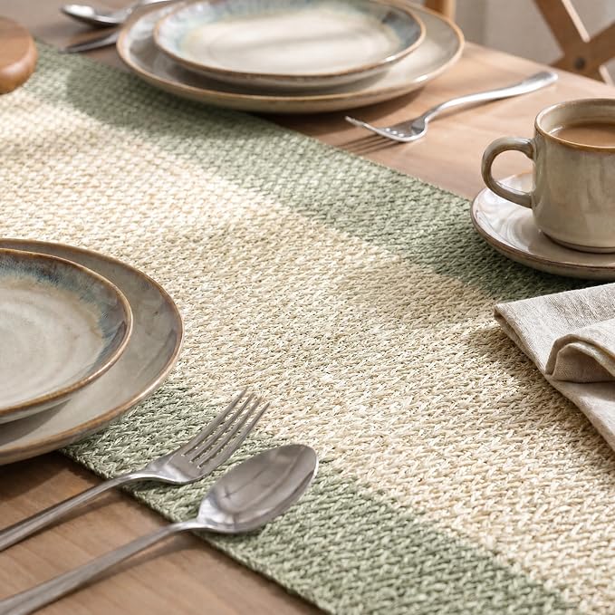 Artoid Mode Sage Green Farmhouse Rustic Paper Braided Table Runner, Seasonal - Image 3