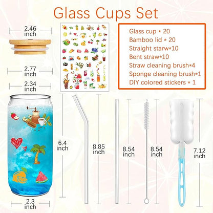 Glass Cups with Lids and Straws 20 Pcs 16 oz Ice Coffee Cup Skinny and Long Can Beer Cups Set Drinking Glasses with Bamboo Lids Reusable Glass Cups Ideal for Smoothies & Beverages