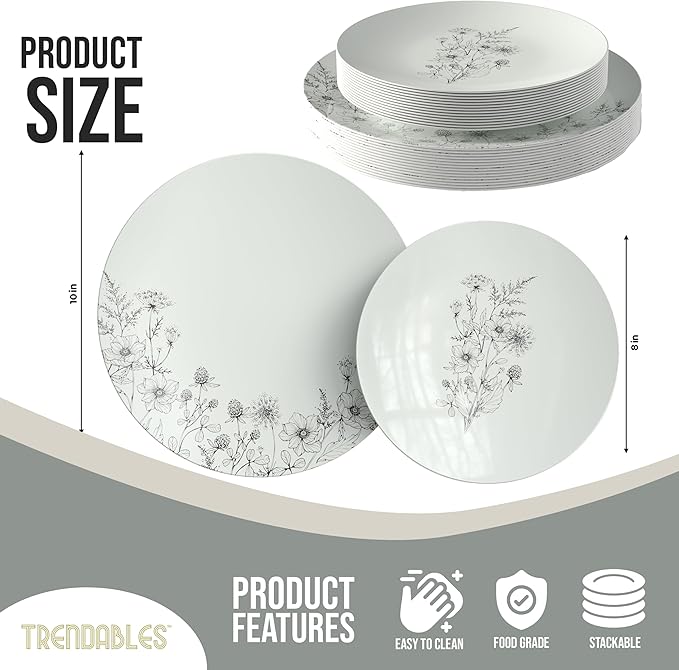 Trendables Disposable Dinnerware Decorative Plates Plastic Disposable Plates Set For 40 Guests 40 x 8 Inch Dessert Plate & 40 x 10 Inch Wedding Party Plate Set Dandelion Bloom