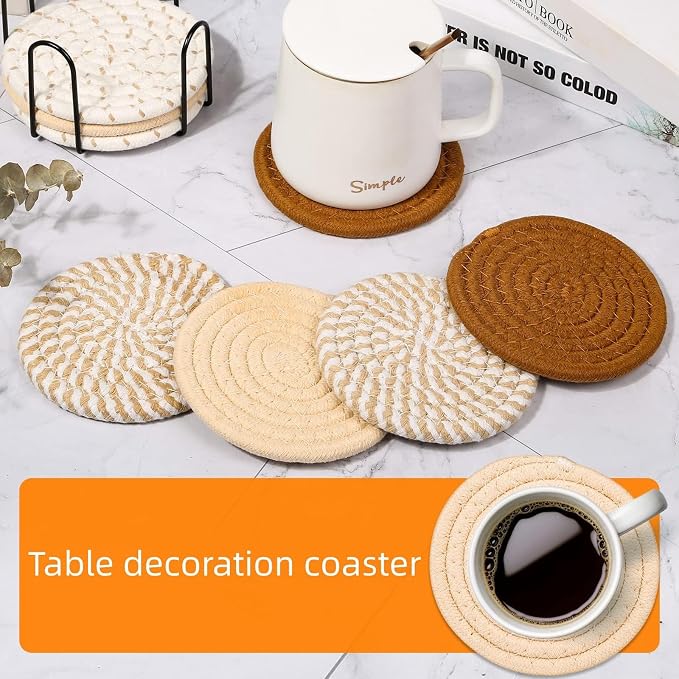 Coasters Set of 8, Cotton Woven, 4.3 inches, Minimalist Home Decor, Wooden - Image 3
