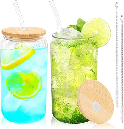 Joyclub Glass Cups with Bamboo Lids and Straws 2 Set 16 oz Reusable Iced Coffee by Joyclub