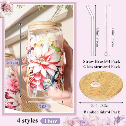 Mumufy 4 Pack Wildflower Glass Cups Gift Aesthetic Cute Glass Cup Tumbler - Image 2