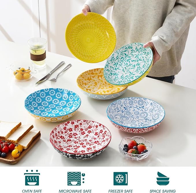vancasso 8.5" Pasta Bowls Set of 6, 40 oz Porcelain Shallow Salad Bowls - Image 5