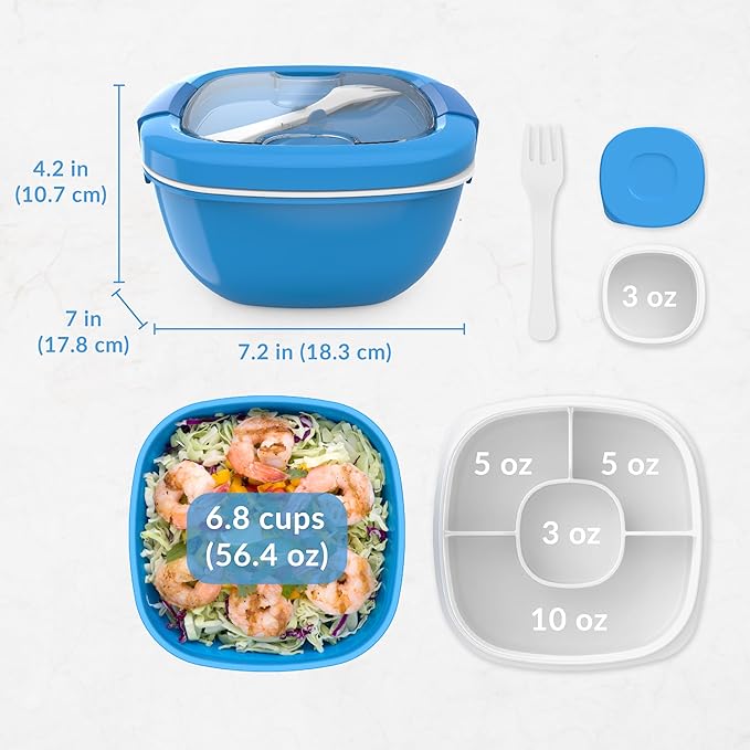Bentgo Salad Container - 54 oz Bowl with 4-Compartment Toppings Tray, Leak-Proof Dressing Container, Reusable Fork, BPA-Free Lunch Box for Meal Prep & Food Storage; Removable Bento Tray (Blue)