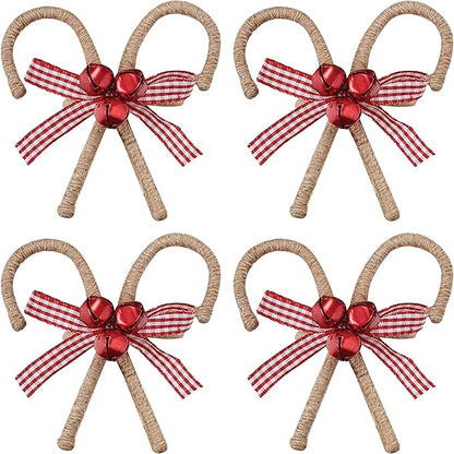 Park Designs Candy Cane Napkin Ring Set of 4 | Rustic Burlap Holiday Napkin Holders with Red Gingham Bow & Festive Bells | 3" H x 3.25" W x 2.5" D | Farmhouse Christmas Table Decor