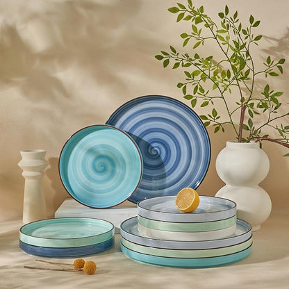 Sweese 10.5 Inch Porcelain Dinner Plates Set of 6, Gradient High Edge Dish Set - Dishwasher, Microwave, Oven Safe, Scratch Resistant, Kitchen Serving Dishes - Cool Assorted Colors