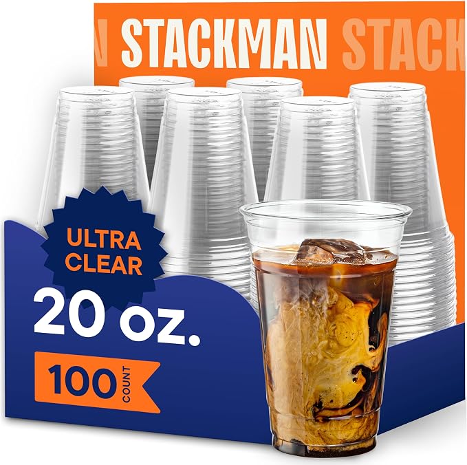 Stack Man Clear Disposable Plastic Cups PET Crystal Clear Disposable 20oz by StackMan