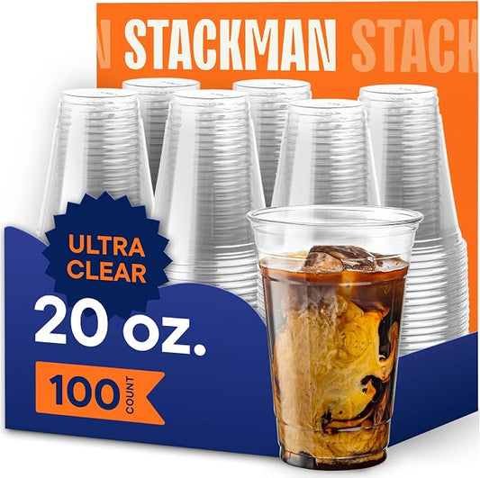 Stack Man Clear Disposable Plastic Cups PET Crystal Clear Disposable 20oz by StackMan