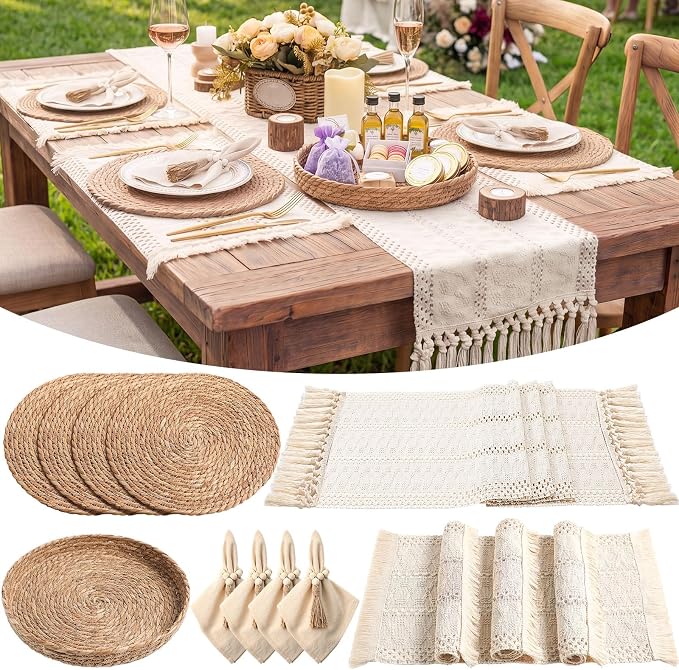 4 Sets Boho Decoration Placemats Round Woven Placemats, Cloth Napkins, Wood by Gandeer