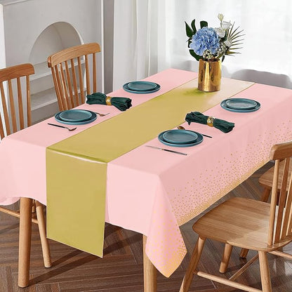 16Pack Disposable Plastic Tablecloths and Satin Table Runner Set Pink and Gold - Image 4