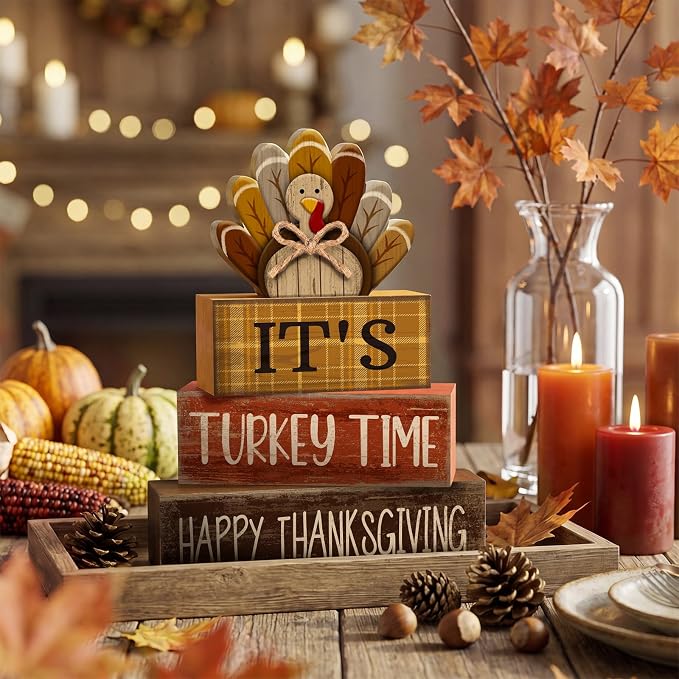 Moucuny 4 Pcs Fall Decorations for Home Wooden Turkey Decor Thanksgiving Tiered - Image 2