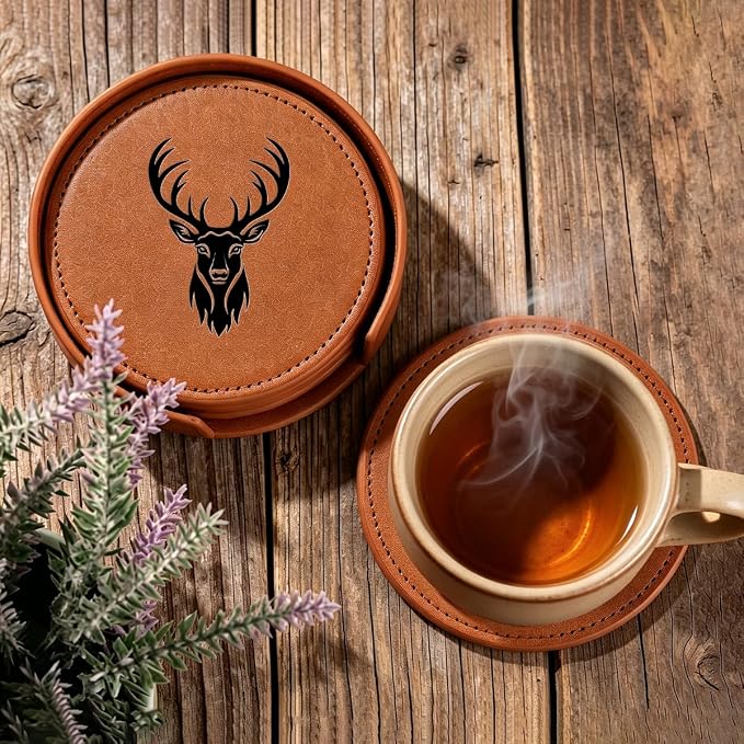 6 Packs Stag Pattern Leather Coaster - Image 2