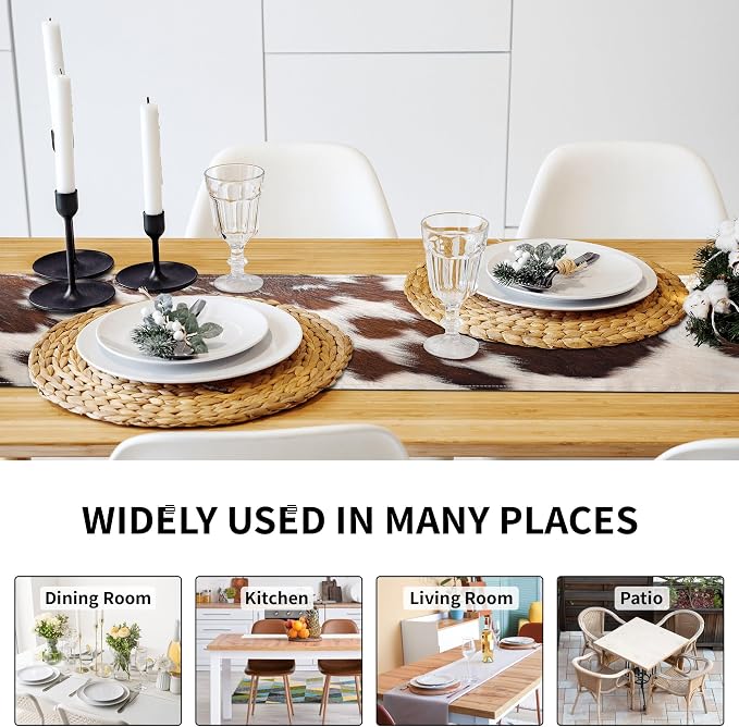 Linen Cow Print Table Runner 13x71 Inch Farmhouse Western White Brown Cowhide - Image 7