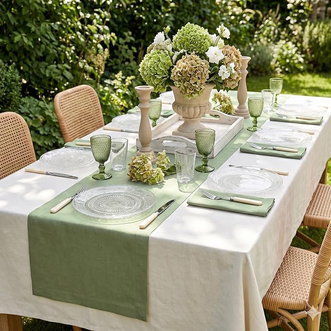 Solino Home 100% Pure Linen Table Runner Oil Green Long, Fete 14 x 132 in | - Image 2