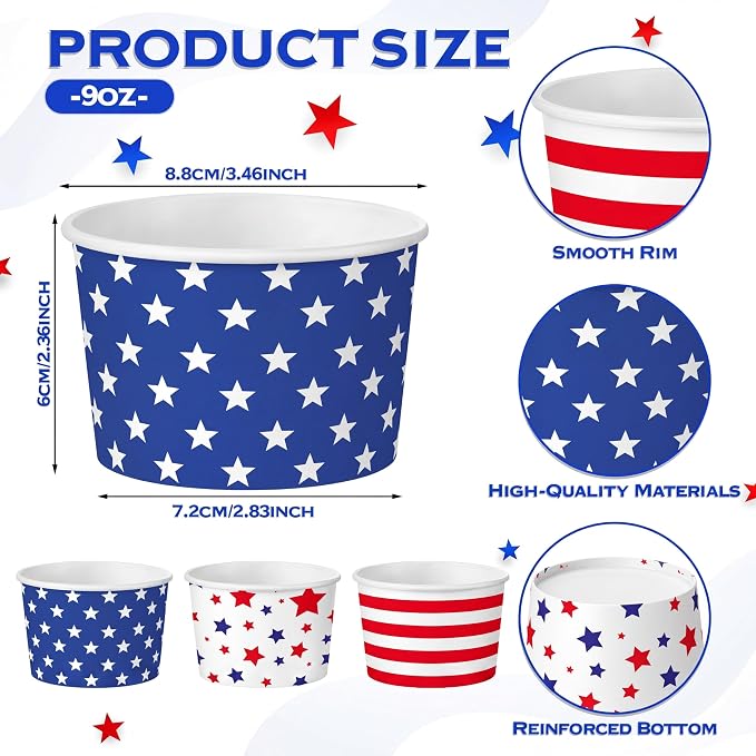 CHENGU 60 Pcs 4th of July Snack Cups 9 oz Patriotic Ice Cream Paper Bowls - Image 2