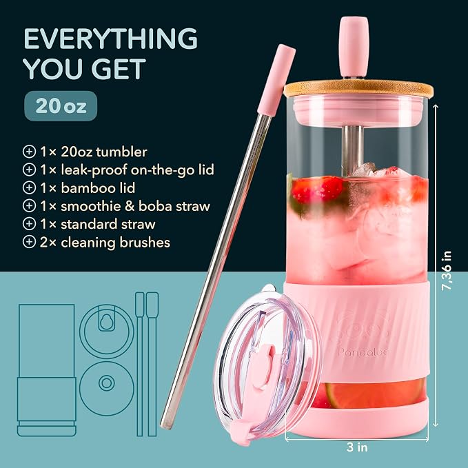 Pandaloo® Glass Cups With Lids and Straws -20 Fl Oz- Perfect Size Iced Coffee - Image 2