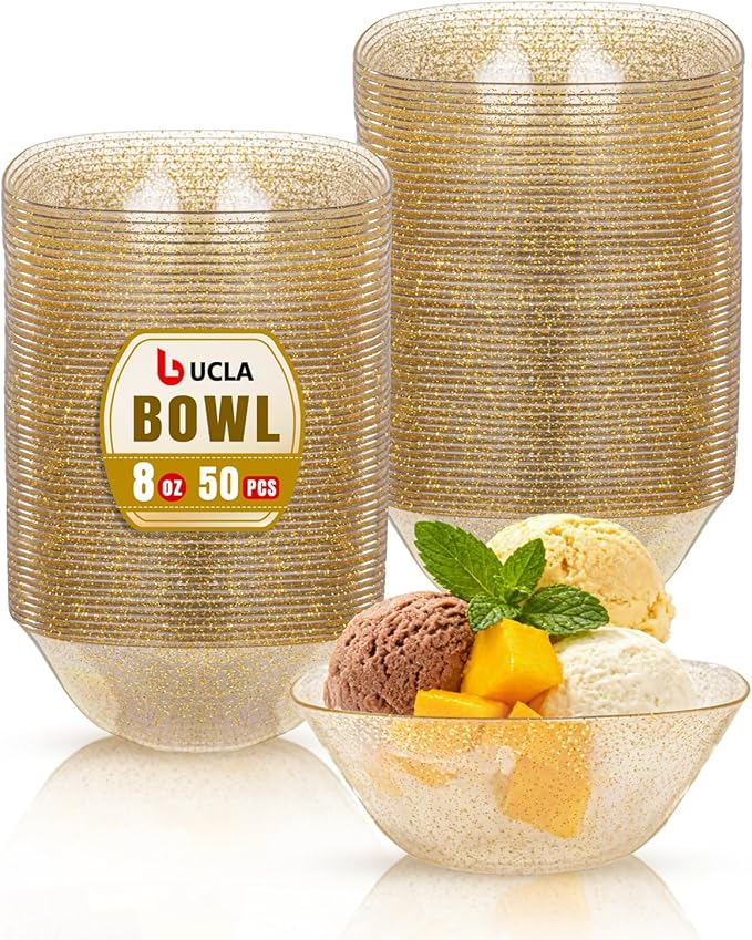 bUCLA 50Pack Gold Glitter Plastic Small Bowls - 8oz Disposable Ice by BUCLA