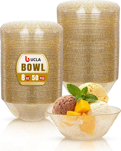 bUCLA 50Pack Gold Glitter Plastic Small Bowls - 8oz Disposable Ice by BUCLA