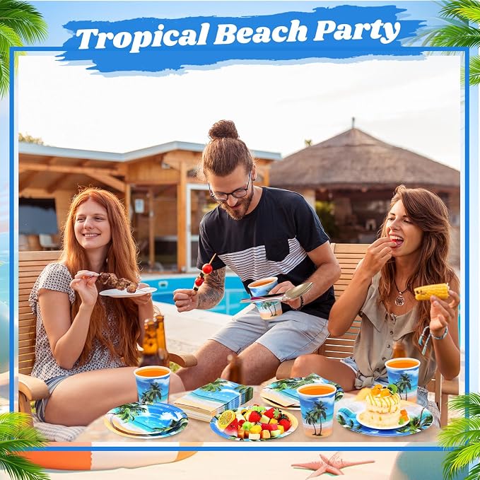 Funnymoom 250 Pcs Tropical Beach Party Decoration Summer Paper Plates Napkins - Image 4