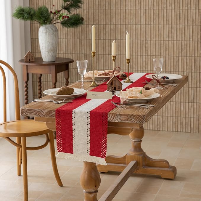 Keketoarrange Christmas Red Boho Table Runner 12x60 Inch | Woven Burlap - Image 3