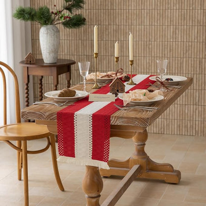 Keketoarrange Christmas Red Boho Table Runner 12x60 Inch | Woven Burlap - Image 3