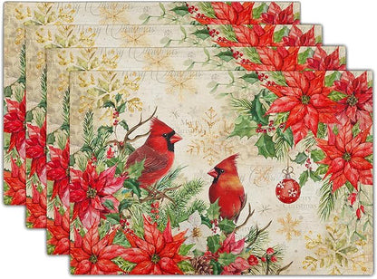 Winter Red Birds Placemats Set of 4 Xmas Holly Berry Pine Cones Place Mat for Kitchen Dining Decor 12 x 18 Inch Watercolor Poinsettias Linen Fabric Table Mats for Home Holiday Seasonal Party