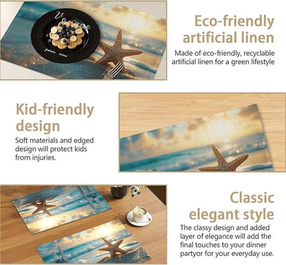 Placemats, Sunrise Starfish Beach Placemats 12x18 Inch Waterproof Non-Slip Washable Table Mats for Kitchen Dining Party Table Decor,Set of 6