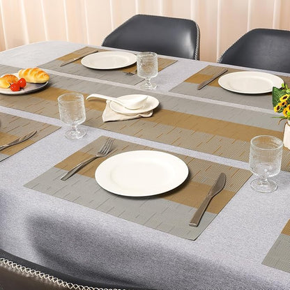 Placemats Set of 8, Vinyl Woven Place Mats Indoor Set of 8 Washable Wipeable PVC Table Mats Heat-Resistant Non Slip Placemat for Kitchen Dining Outdoor Table (Gray Light Brown, Set of 8)