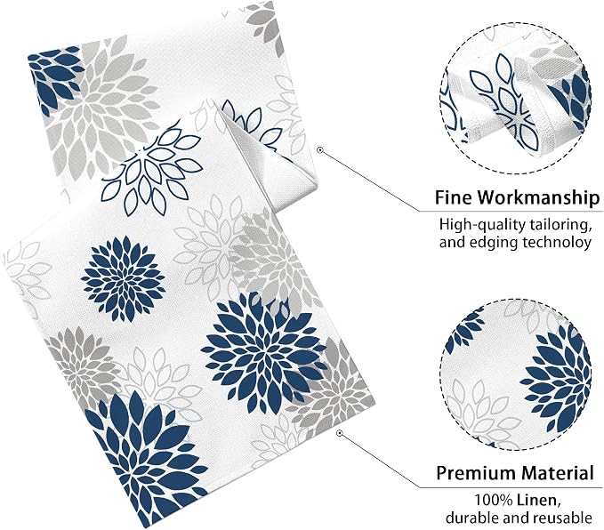 Dahlia Flower Table Runner 13x36 Inch Farmhouse Blue Gray Runners Modern Table - Image 2