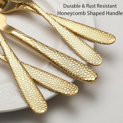 Gold Hammered Silverware Set, 20 Piece Stainless Steel Heavy Duty Flatware Set for 4, Food-Grade Tableware Cutlery Set for Home Restaurant, Mirror Polished, Dishwasher Safe