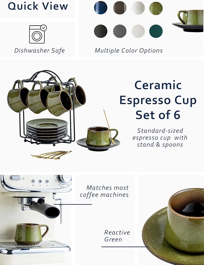 YHOSSEUN Ceramic Espresso Cups Set of 6, 4 Oz Expresso Shots Cup, Metal Stand & - Image 2