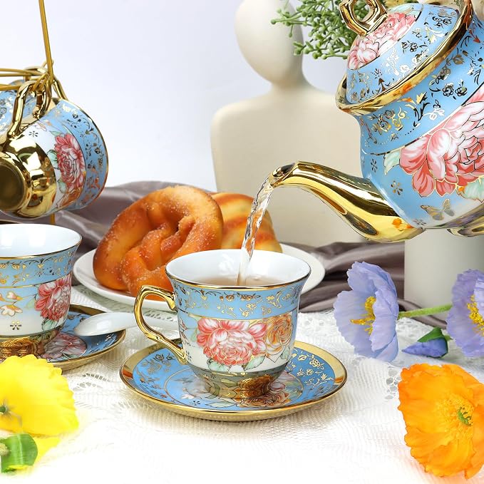 20 Pcs Porcelain Tea Set with Metal Holder, Adult Tea Set Gift, European - Image 2