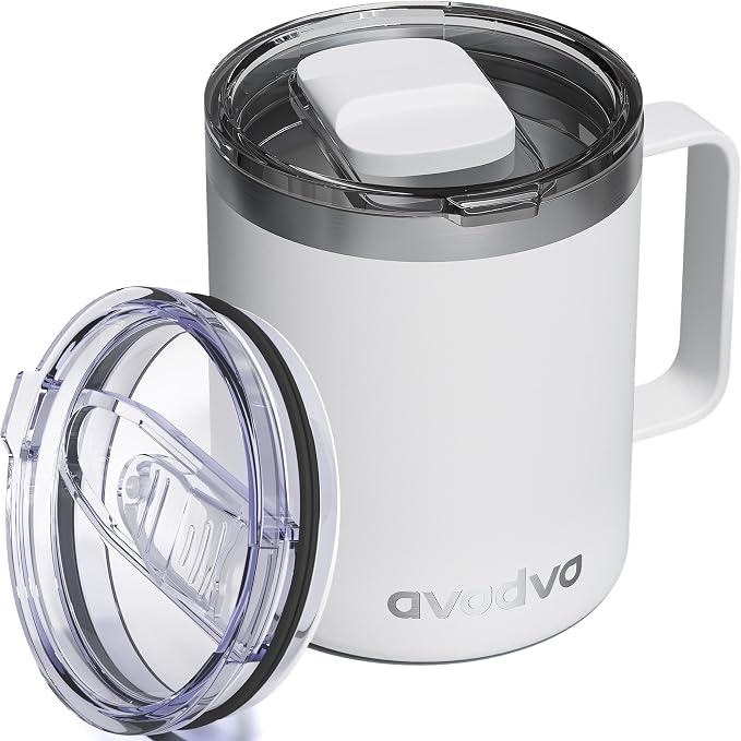 12oz Insulated Coffee Mug with Lid – Includes Two Lids, Stainless Steel Coffee by avodvo