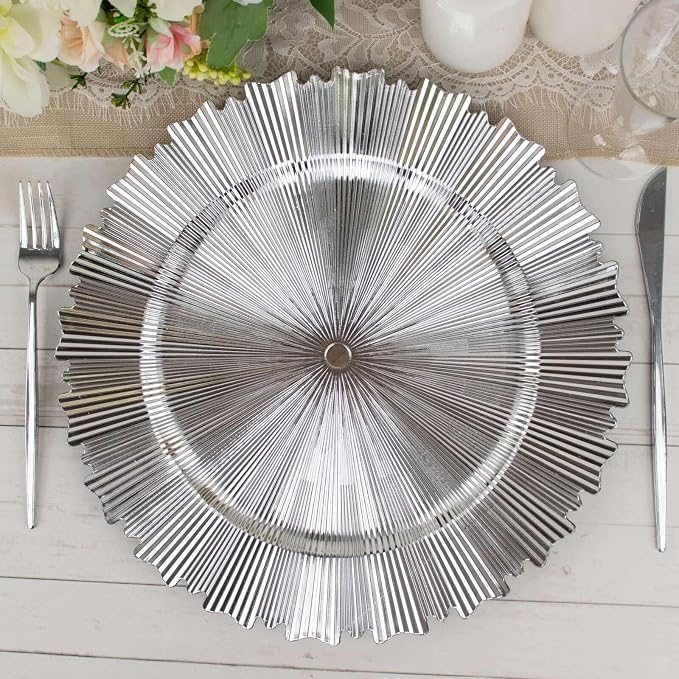 Efavormart 6 Pack | 13" Metallic Silver Sunray Acrylic Plastic Serving Plates - Image 7