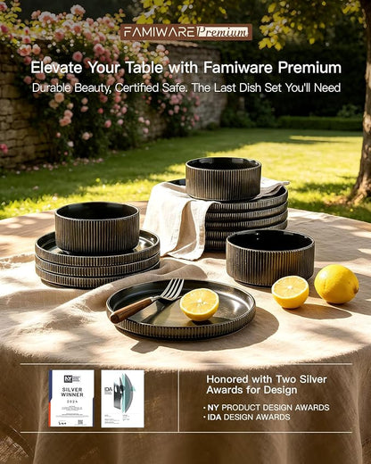 Stoneware Dinnerware Set for 4, Reactive Glaze, Handmade Ribbed Dishes - Image 7