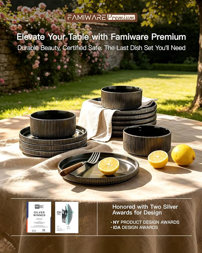 Ceramic Plates & Bowls Sets for 6, Handmade Reactive Glaze | Black Gold - Image 7