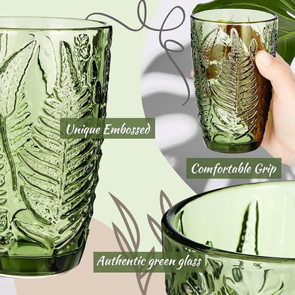 Reallnaive 12 oz Green Drinking Glasses Set of 8, Vintage Glassware - Image 3