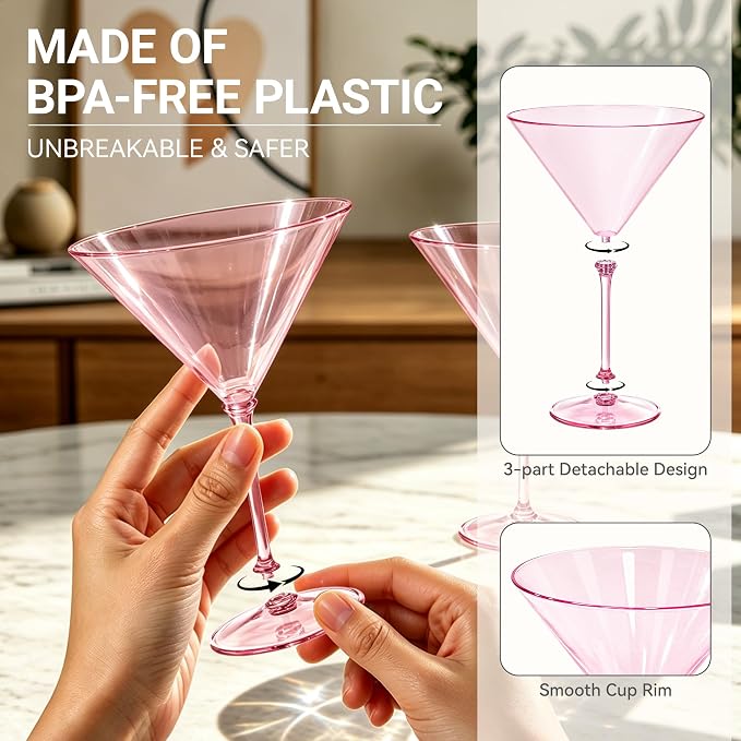 Plastic Martini Glasses Set of 24, 9 oz Pink Cocktail Cups | Unbreakable - Image 4
