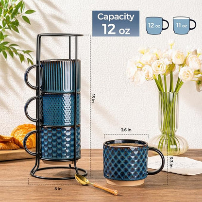 GBhome 12 OZ Stackable Coffee Mugs Set of 4, Ceramic Coffee Cups Set | Coffe - Image 3
