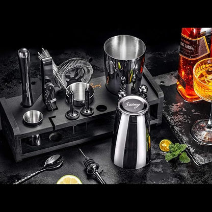 Soing 24-Piece Cocktail Shaker Set,Perfect Home Bartender Kit for Drink Mixing,Stainless Steel Bar Tools With Stand,Velvet Carry Bag & Recipes Cards Included (Black)