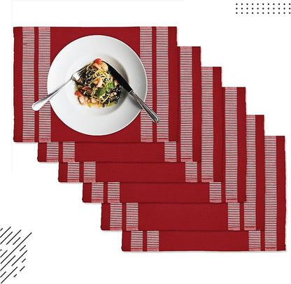 Encasa XO Dining Placemat Set of 6 | Ladder Red Color | Fine Ribbed Cotton Table mat | Size 18x13 in | Machine Washable
